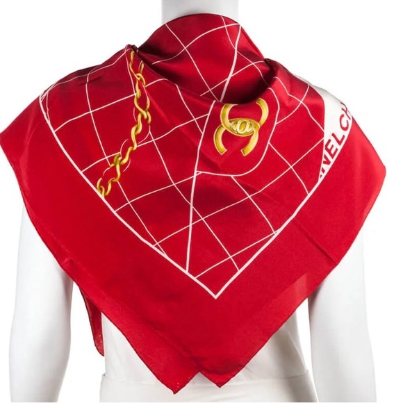 CHANEL RED & WHITE SILK PRINTED FLAP BAG SCARF - Authentic - Picture 8 of 11